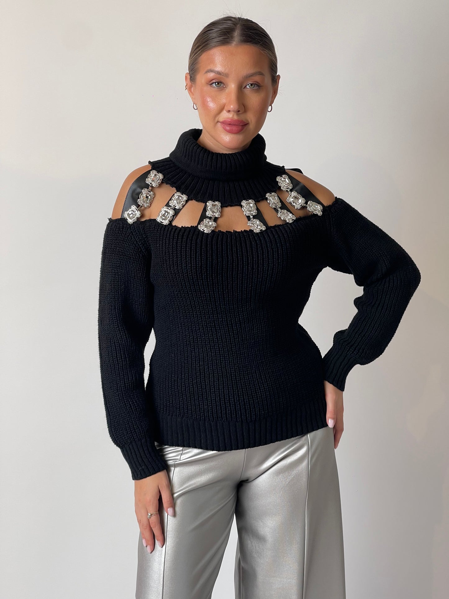 Crystal Cutout Wool Pullover