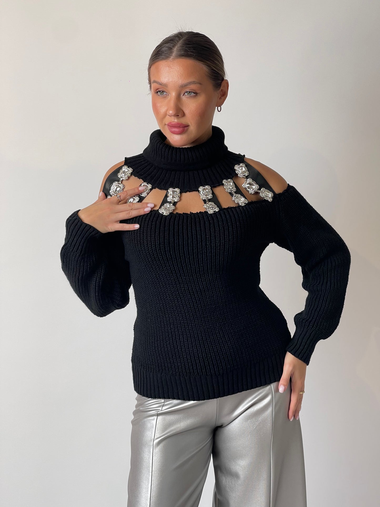 Crystal Cutout Wool Pullover