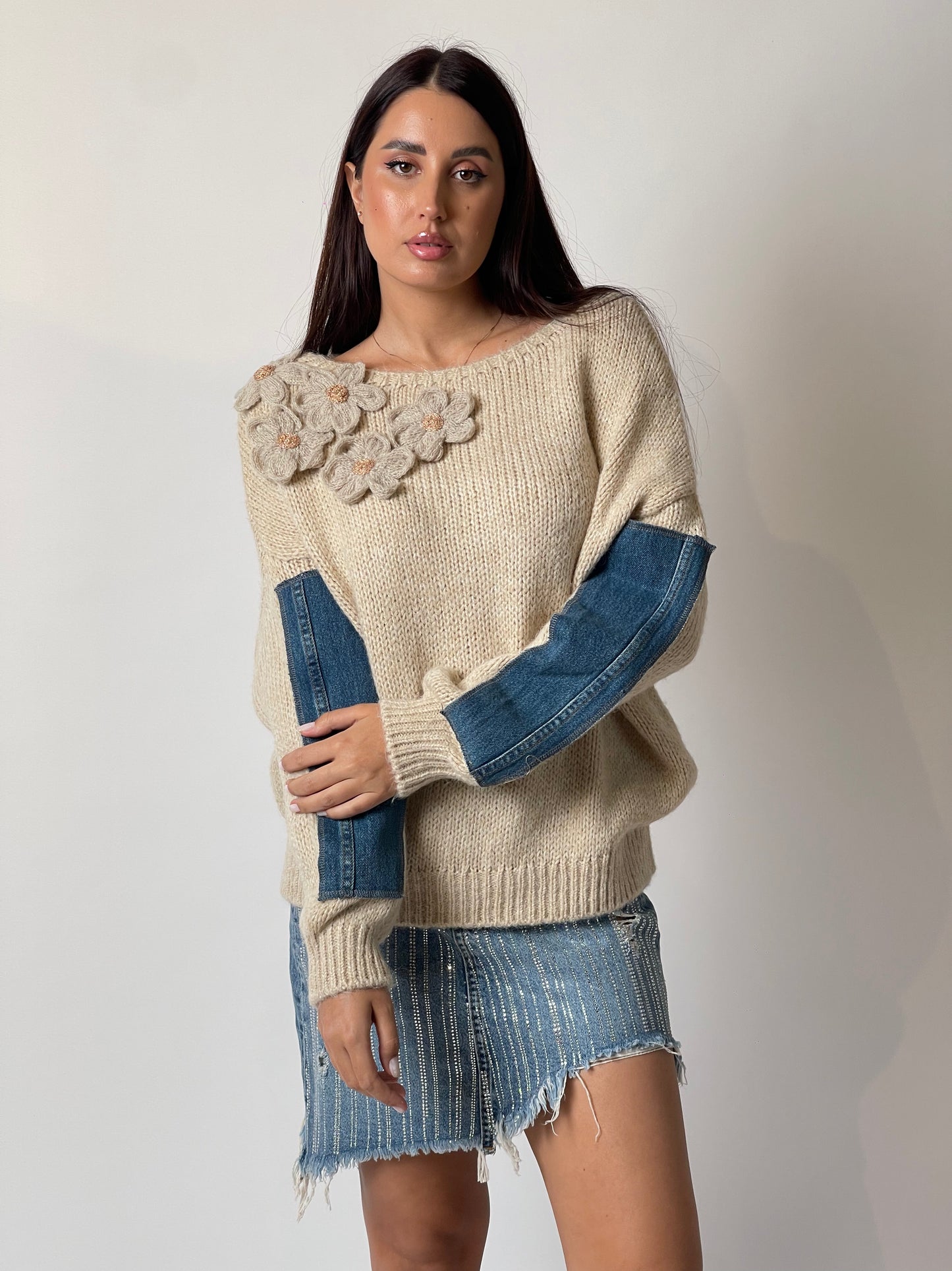 Distressed Rhinestone Denim Skirt