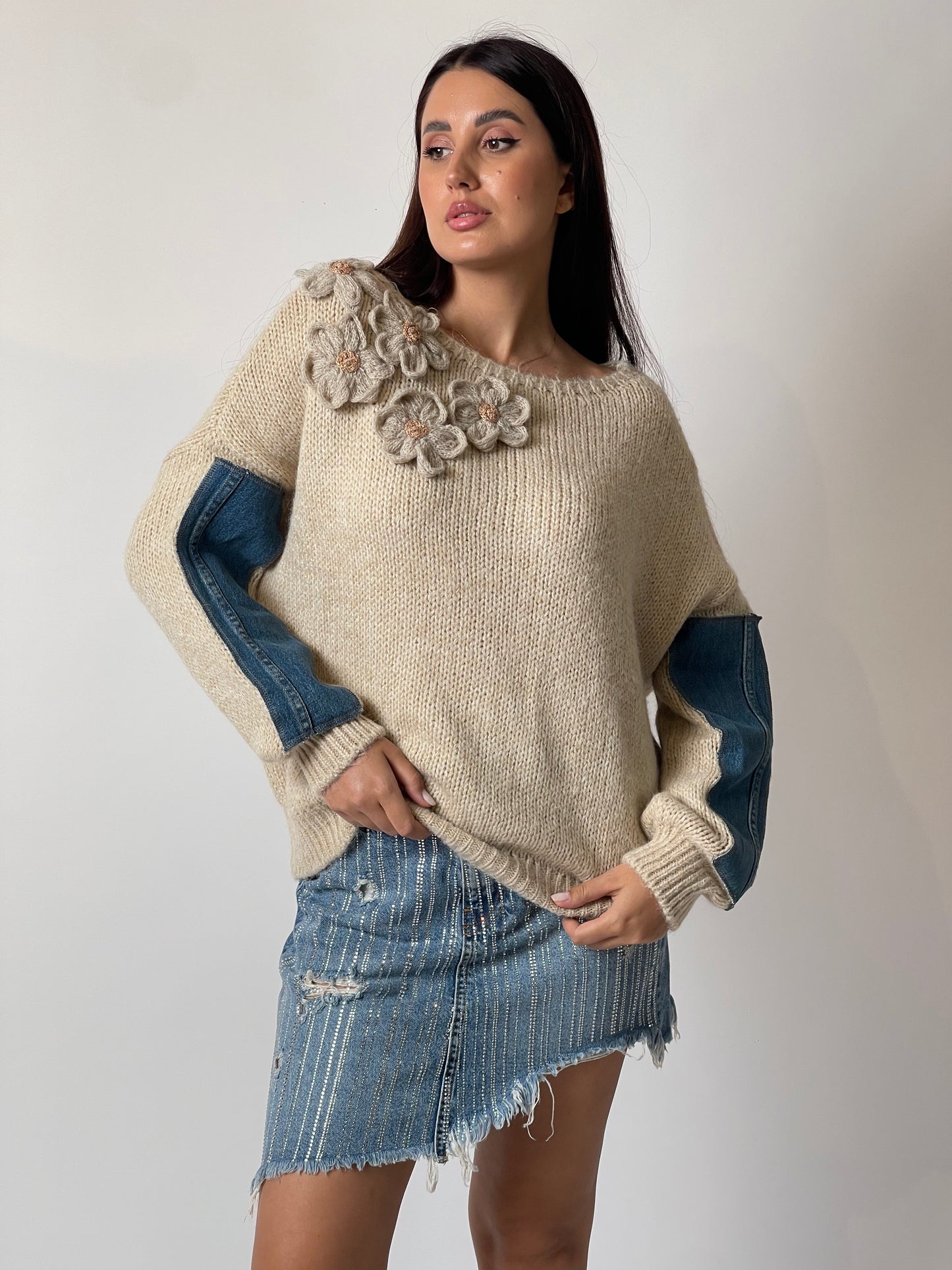 Distressed Rhinestone Denim Skirt