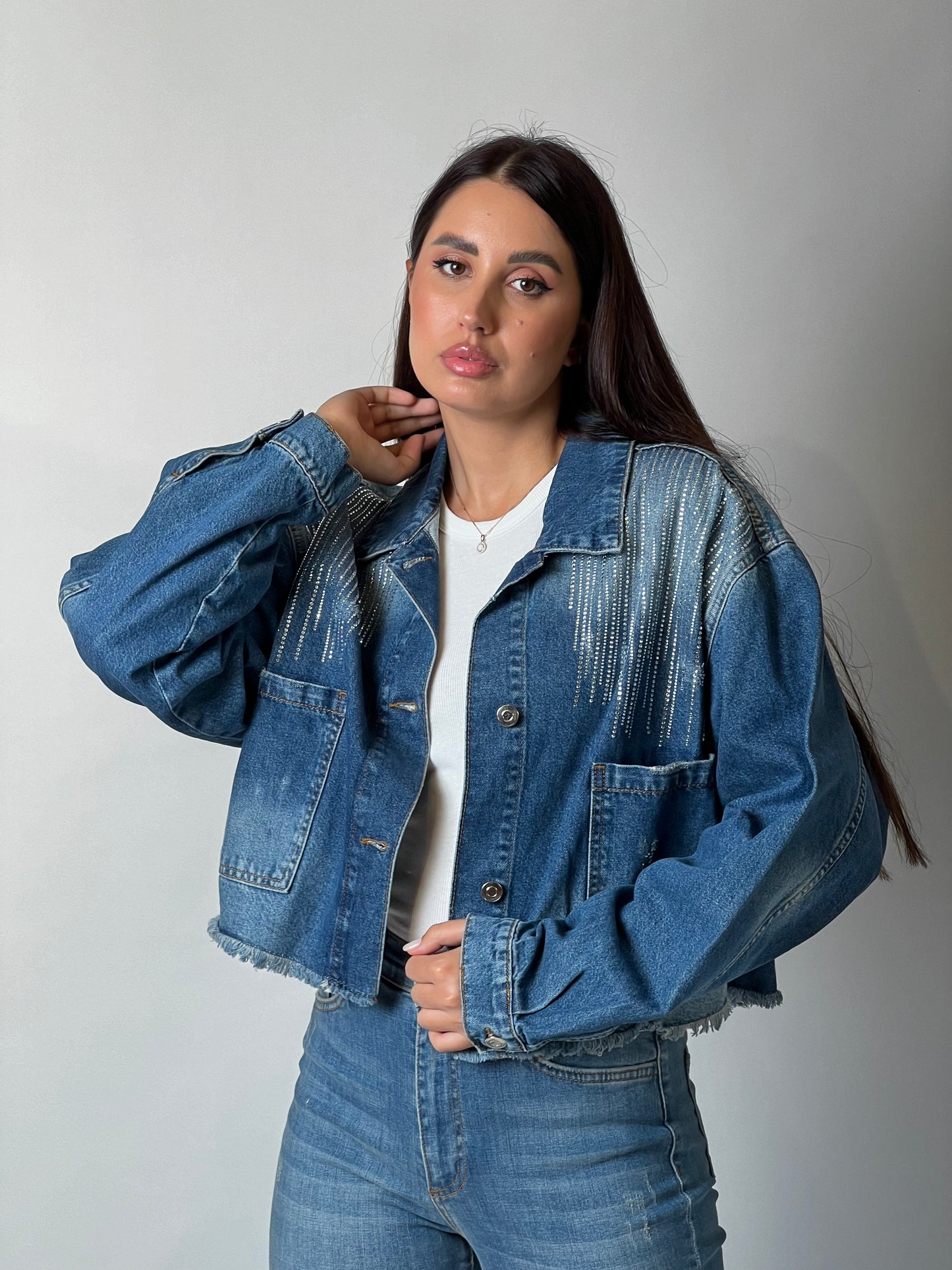 Crystal-Detailed Cropped Denim Jacket
