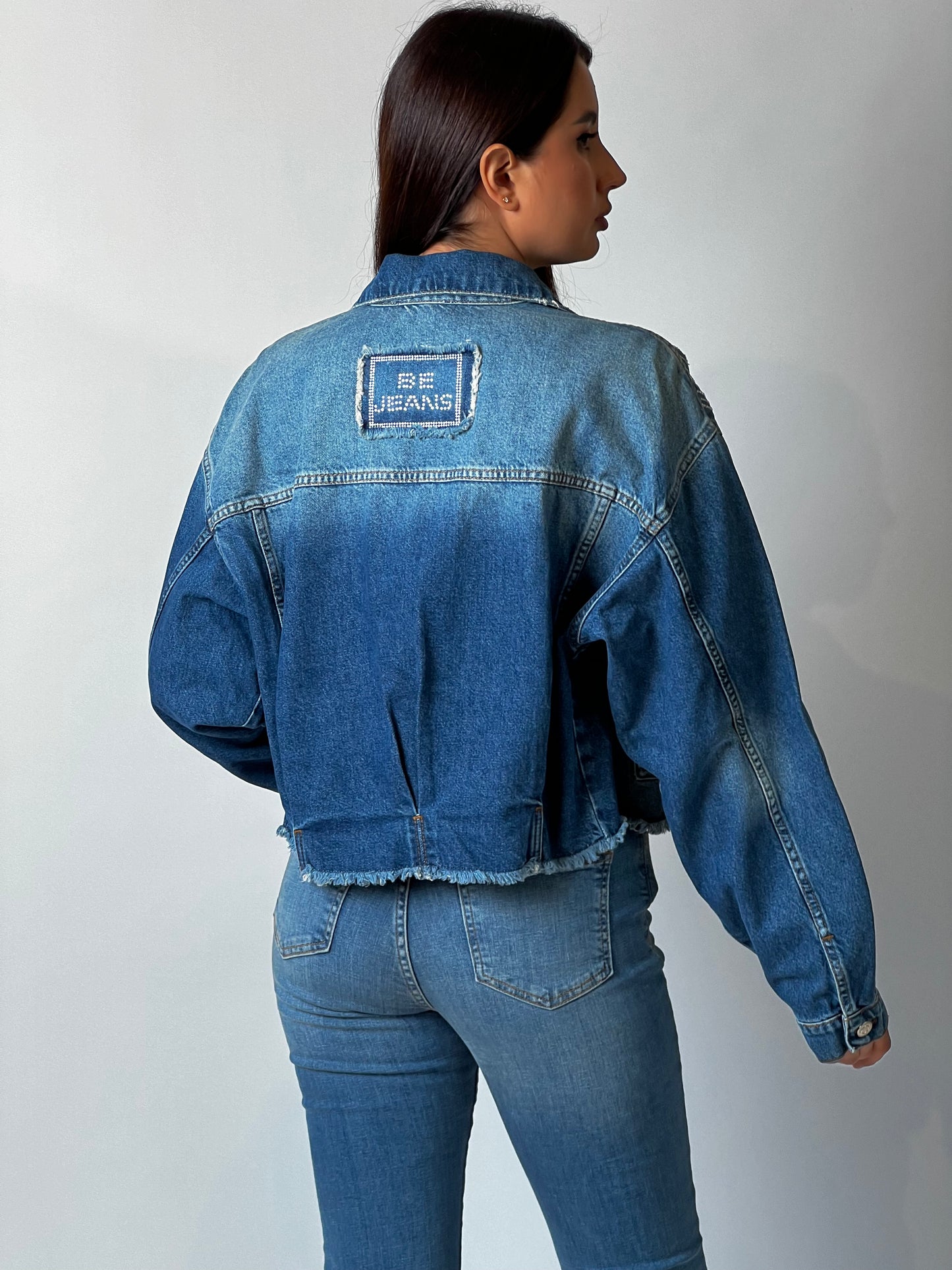 Crystal-Detailed Cropped Denim Jacket