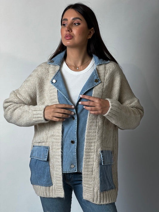Knitted Wool Jacket with Denim