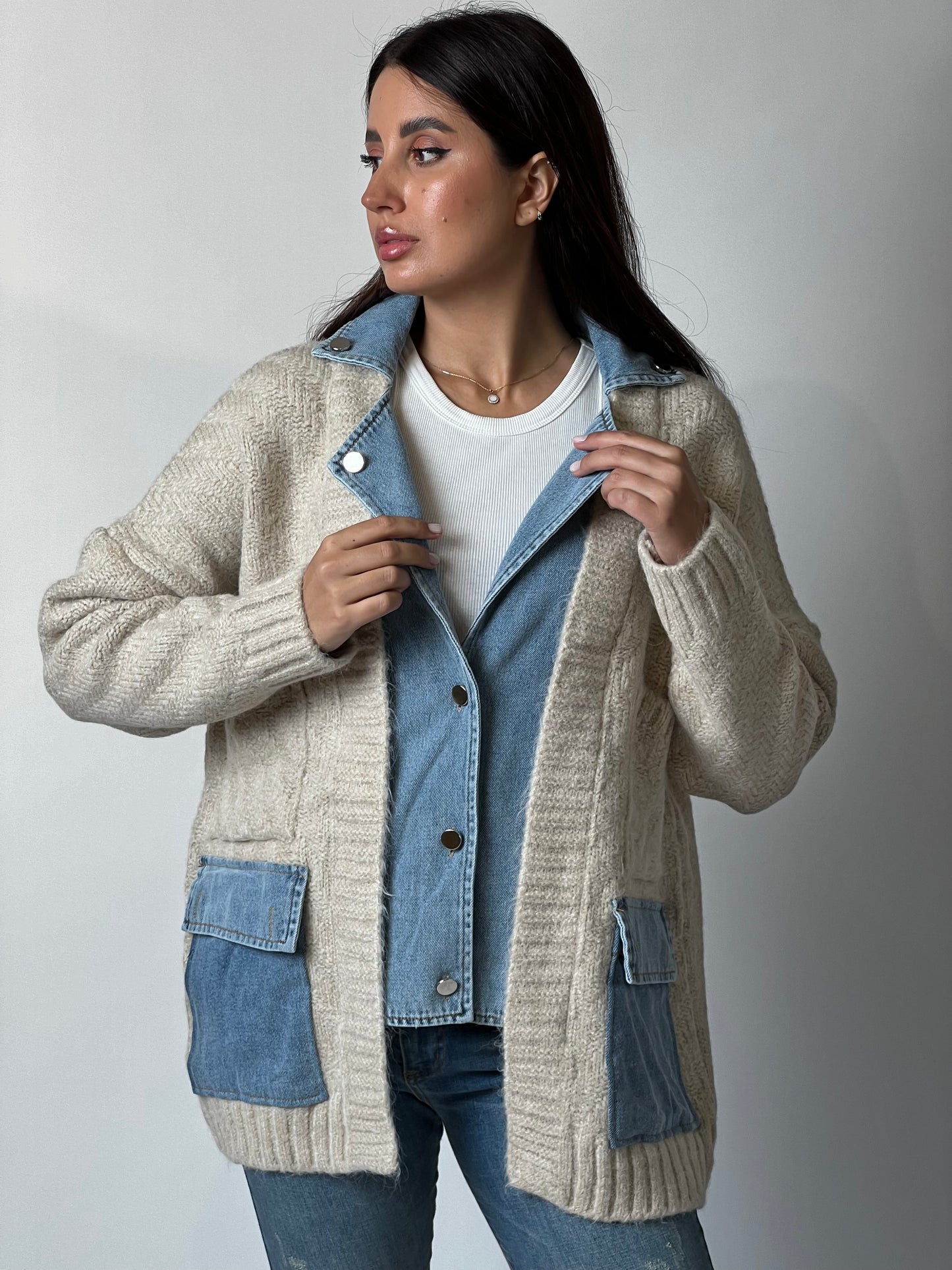 Knitted Wool Jacket with Denim