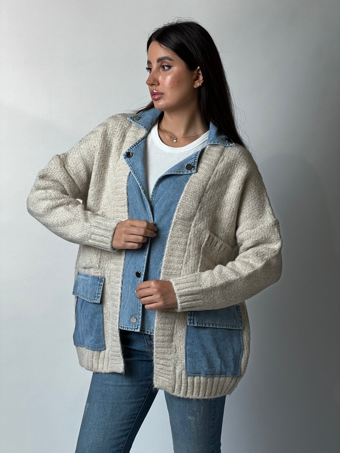 Knitted Wool Jacket with Denim
