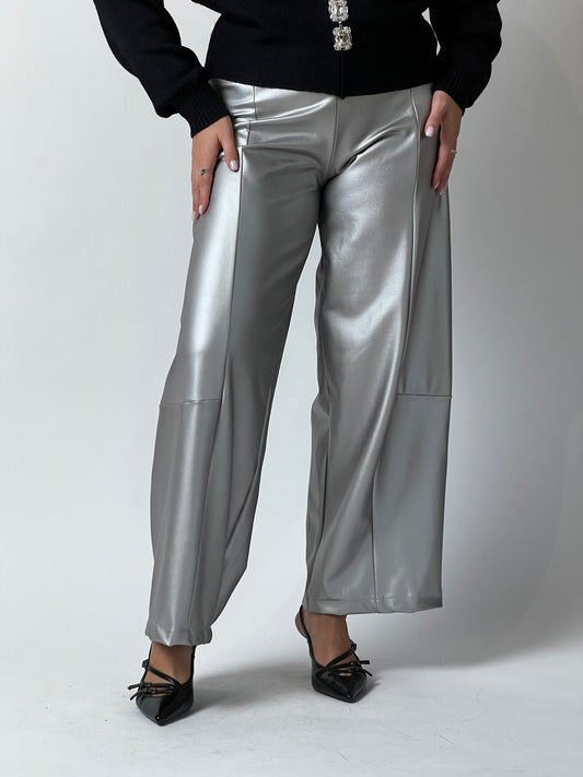 Silver Faux Leather Wide-Leg Pants