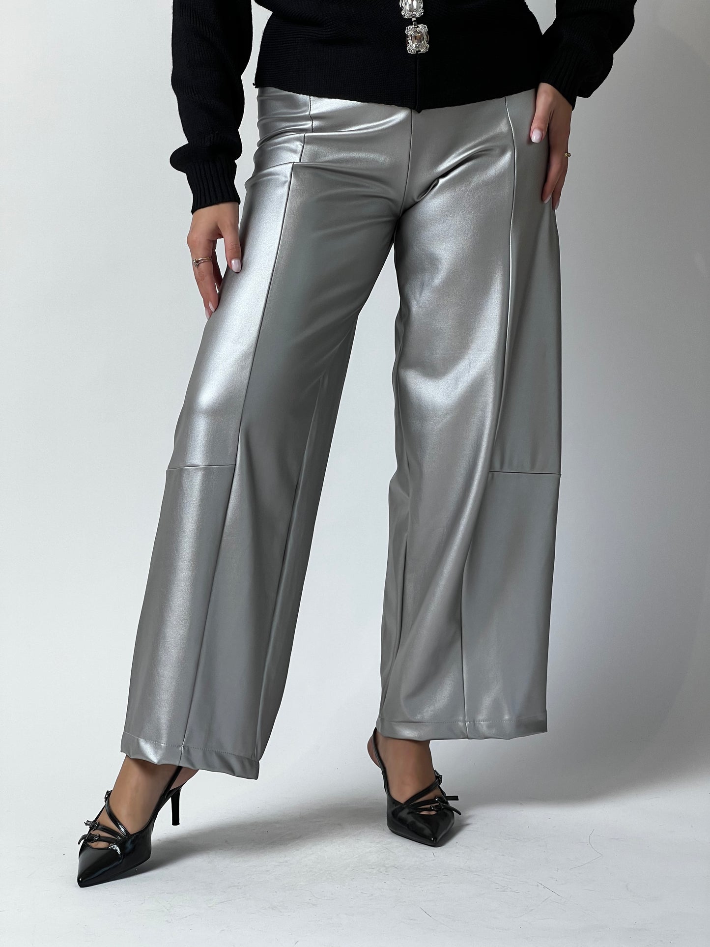 Silver Faux Leather Wide-Leg Pants