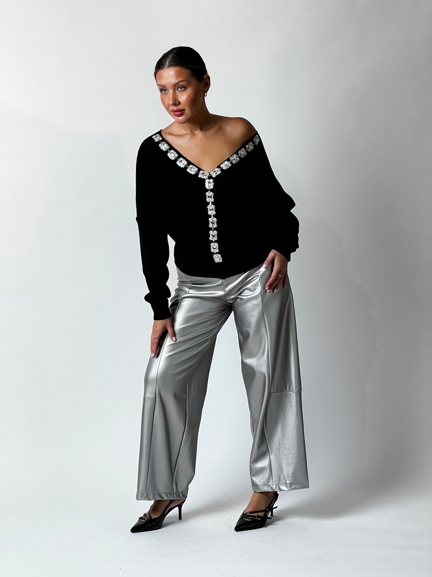 Silver Faux Leather Wide-Leg Pants